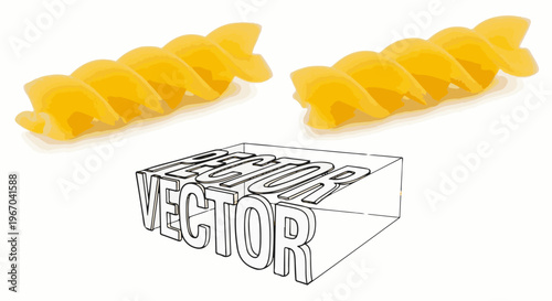 Two twisted pasta shapes and a 3D line drawing of the word VECTOR