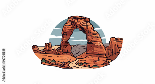 Arches National Park sandstone formation, path, and clouds in circular frame