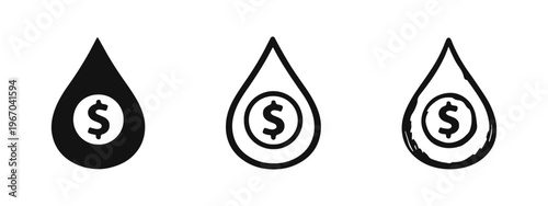 Fuel price indicator icon set with dollar sign in oil drop, representing the petroleum economy and market dynamics.
