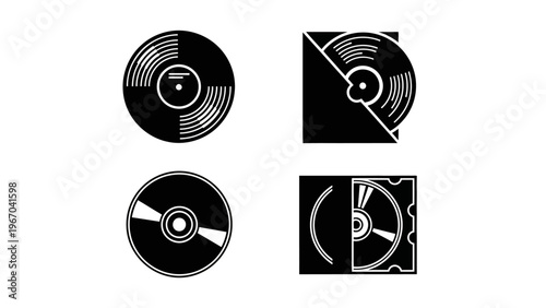 Abstract vinyl record icons representing music and audio concepts in minimalist black and white