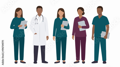 Diverse medical team: doctors and nurses in uniform with clipboards
