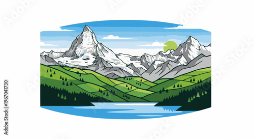 Stylized mountain peaks overlook rolling green hills and a tranquil lake