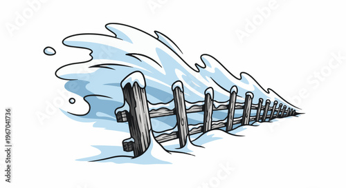 A cartoon fence is covered in snow with swirling snow in the background
