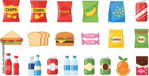 Snack food and beverage icons collection, chips, candy, soda, burger, bread, chocolate, packaged junk food vector illustration isolated flat design set