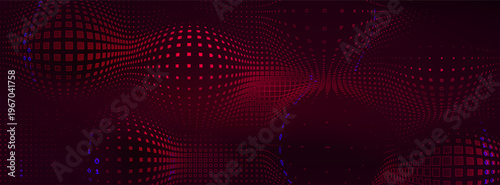 Abstract tech vector background with red halftone light effects, glowing digits and pixel data pattern. Modern digital fintech design with mesh texture and convex bubble elements