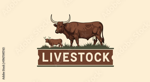 A brown bull and calf stand on grass, with "LIVESTOCK" below