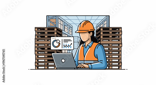 Warehouse worker analyzing data on a laptop amidst stacks of pallets