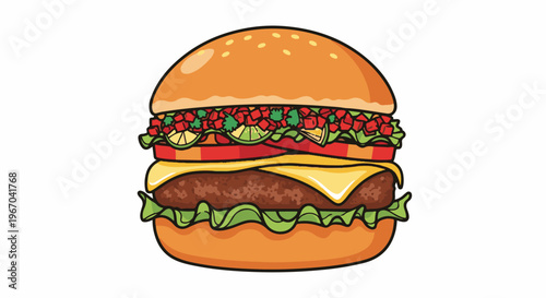 A vibrant, cartoon-style illustration of a delicious, layered hamburger