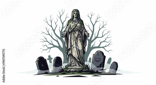 Aged statue stands guard in a desolate graveyard under bare trees