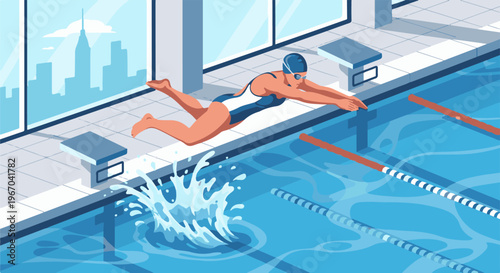 Swimmer dives into a pool with a cityscape visible through the windows