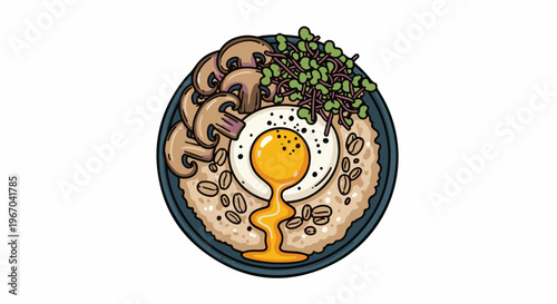 Whimsical illustration of a bowl with oatmeal, fried egg, mushrooms, and sprouts