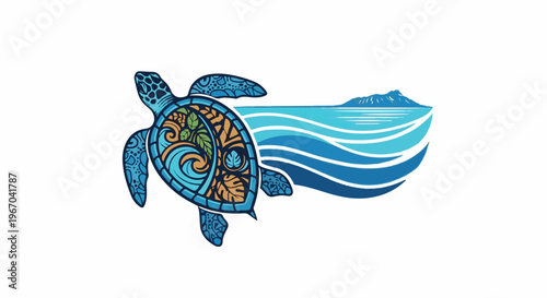 Stylized sea turtle with ornate shell swims towards a tropical island