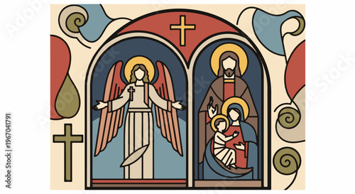 Stylized religious scene with an angel and Holy Family in stained glass art