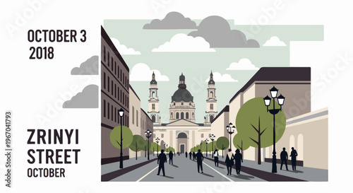 Stylized street scene with a large domed building and people walking