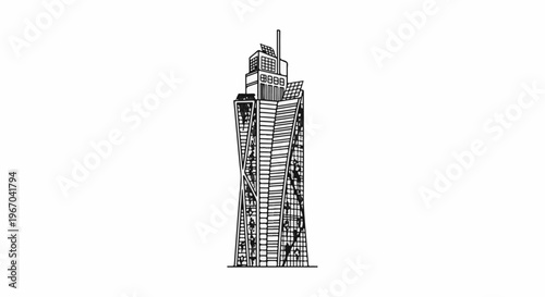 A striking, twisting skyscraper with solar panels and lush vertical gardens