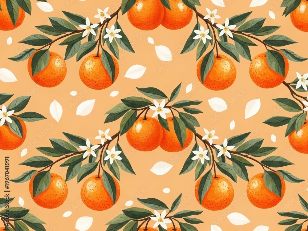 Obraz premium Orange branches with fruit and blossoms symmetrical pattern