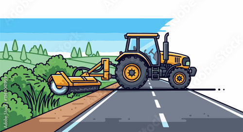 Yellow tractor with rotary mower working along road edge, countryside scene