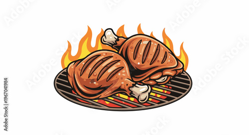 Two roasted chicken legs sizzling on a grill with flames