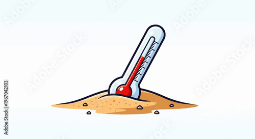 A cartoon thermometer shows a high reading, stuck in a pile of sand