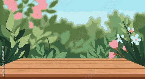 A rustic wooden plank in a lush garden with blooming flowers