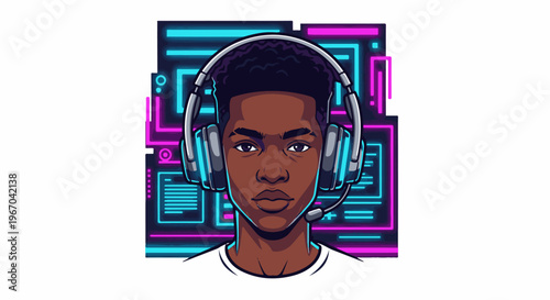Young man with headphones and a headset against a neon digital background
