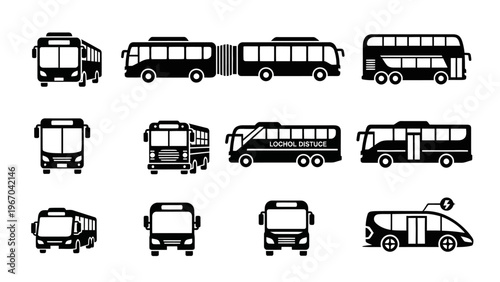 Collection of Black and White Bus and Train Icons Illustrating Different Types and Designs