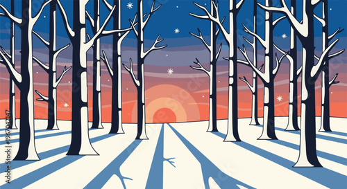 A pixelated winter forest with snow-covered trees and a sunset sky