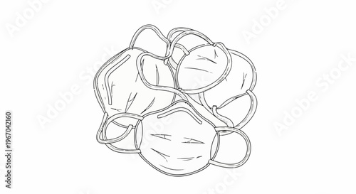 A pile of face masks sketched in a loose, stylized manner with black outlines