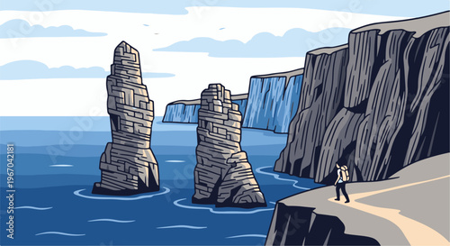 A lone hiker walks a coastal path overlooking dramatic sea stacks and cliffs