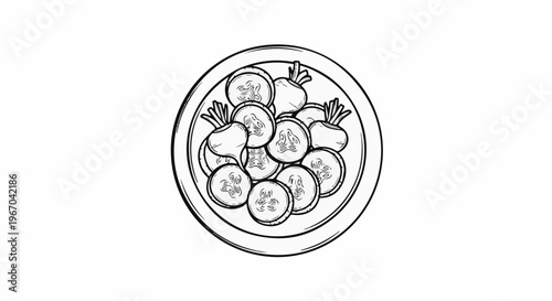 A hand-drawn sketch of sliced cucumbers and radishes on a plate