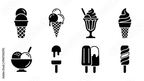 Collection of black and white ice cream and popsicle icons in minimalistic style suitable for