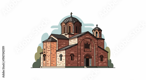 A digital illustration of a domed brick building with crosses on top of the domes