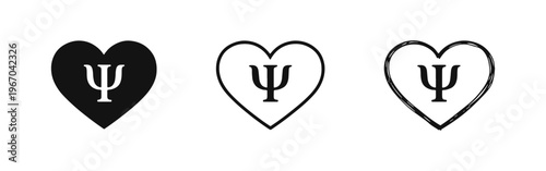 Psi Symbol in Heart Icons. Psychology and Emotional Wellness Awareness Vector Graphics.