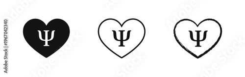 Psychology Heart Icons with Psi Symbol in Different Styles