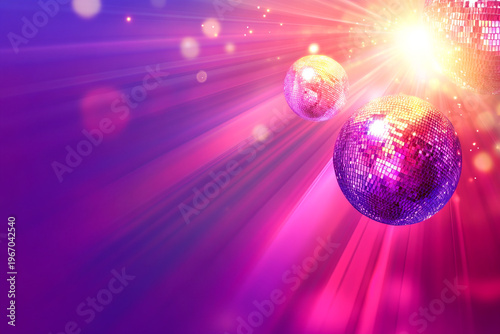 Abstract glowing disco ball with neon light rays and vibrant gradient background for party
