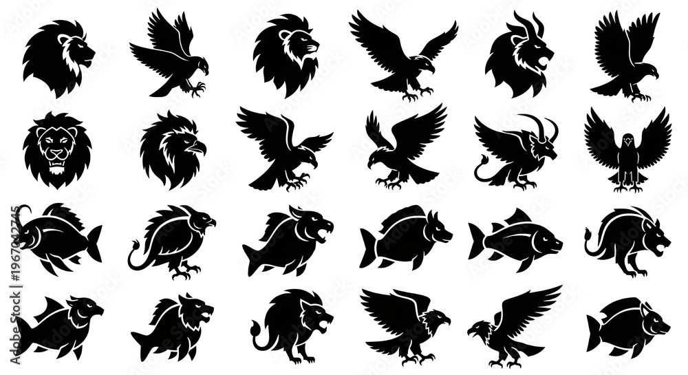 Obraz premium Collection of silhouette mythical creatures: lions, eagles, and fish in black on white.