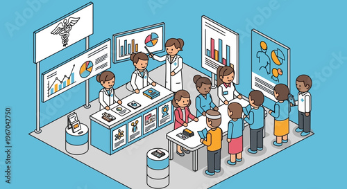 Medical professionals presenting healthcare information at a conference booth.