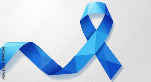 Low poly blue awareness ribbon on white background for cancer support and health campaigns