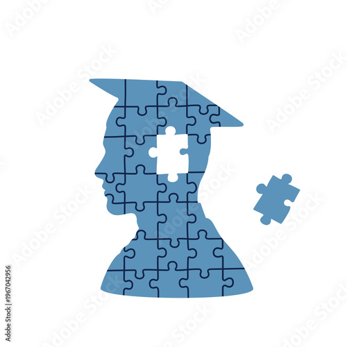 Blue puzzle head profile of a male student with graduation cap and missing piece for learning