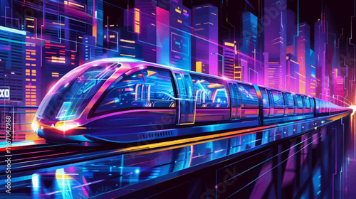Futuristic train travel through a neon cityscape at night digital illustration