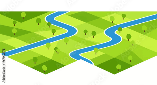 Isometric landscape with winding rivers and green fields.