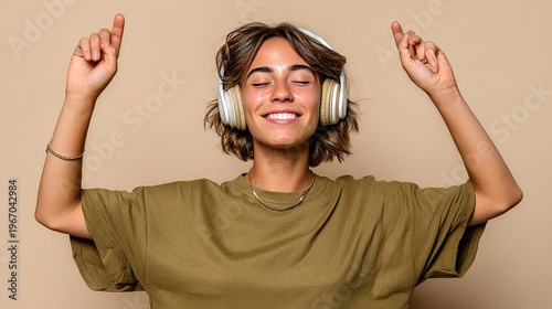 A Moment of Musical Bliss: A young woman, lost in the rhythm and melody, dances to the beat, her eyes closed, radiating pure joy through the headphones.