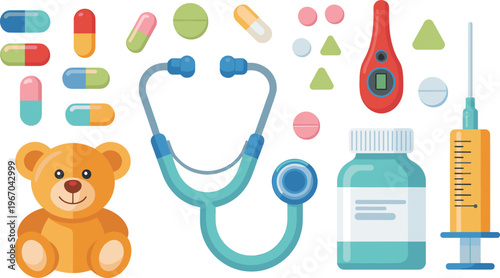Flat vector pediatric healthcare illustration with stethoscope, syringe, thermometer, pills, teddy bear and medical equipment isolated background