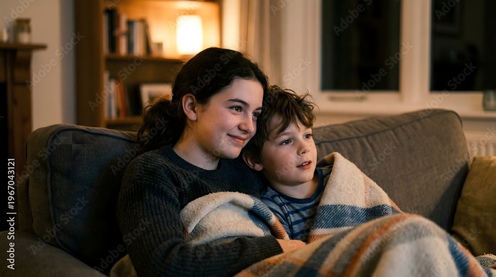 Fototapeta premium Woman and child sitting on couch watching TV together at home.