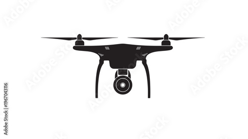 Drone quadcopter with a camera underneath, isolated on a white background, symbolizing aerial photography and modern technology.