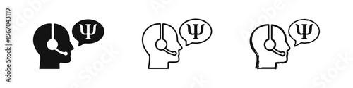 Online Psychology Consultation Icon Set with Headset and Psi Symbol