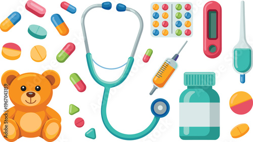 Flat vector pediatric medical illustration with stethoscope, pills, thermometer, syringe, teddy bear and healthcare tools isolated backgroundFlat vector pediatric medical illustration with stethoscope