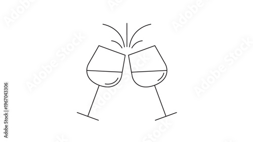 Wine glasses toasting with abstract celebratory splashes, symbolizing celebration and friendship with a minimalist outline design.