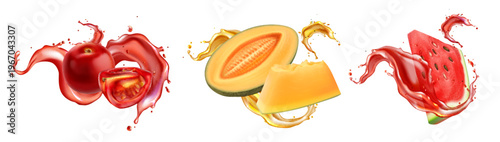 Fresh fruit juice splash with realistic slices, flowing stream, flying drops, set of 3d vector illustrations isolated on white background. Vibrant design elements for tropical drink labels, packaging