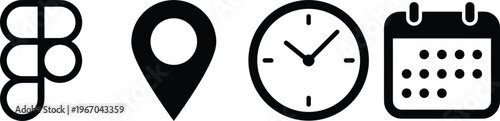 Minimalist Black and White Icon Set Featuring Figma Logo Design Pin Map Location Marker Analog Clock Time and Wall Calendar Schedule